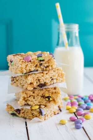 Stacked M&M rice krispies squares ready to eat