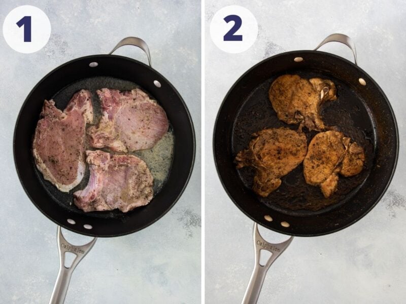 Dos fotos para mostrar las chuletas de cerdo cocinadas en una sartén.