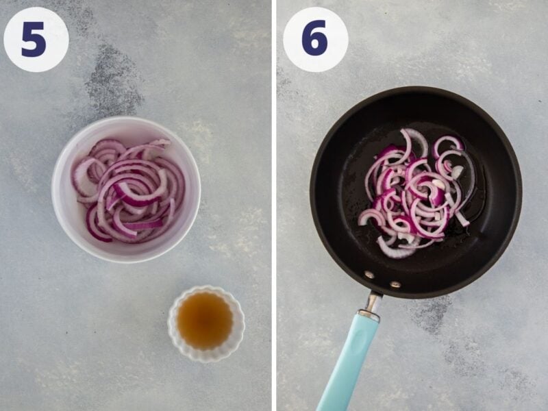 Two images showing steps to prepare the onions for the mangú