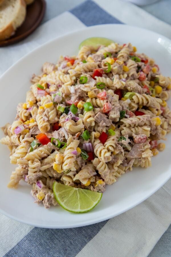 close up of Tuna pasta salad in a platter