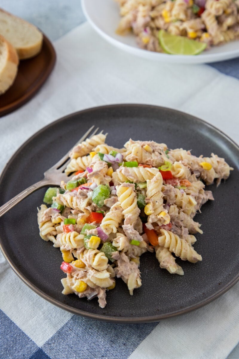 one serving of tuna pasta salad on a plate