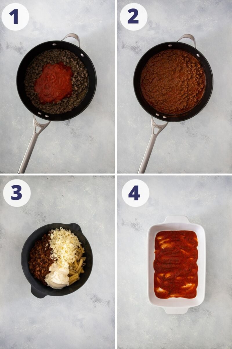 four images of process cooking the ground beef and combining with pasta
