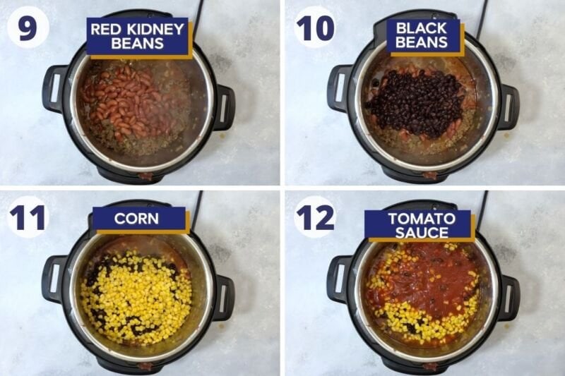 cuatro imágenes agregando frijoles, maíz y salsa de tomate a la olla de cocción lenta