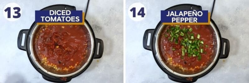 dos imágenes agregando tomates cortados en cubitos y jalapeño a la olla de cocción lenta