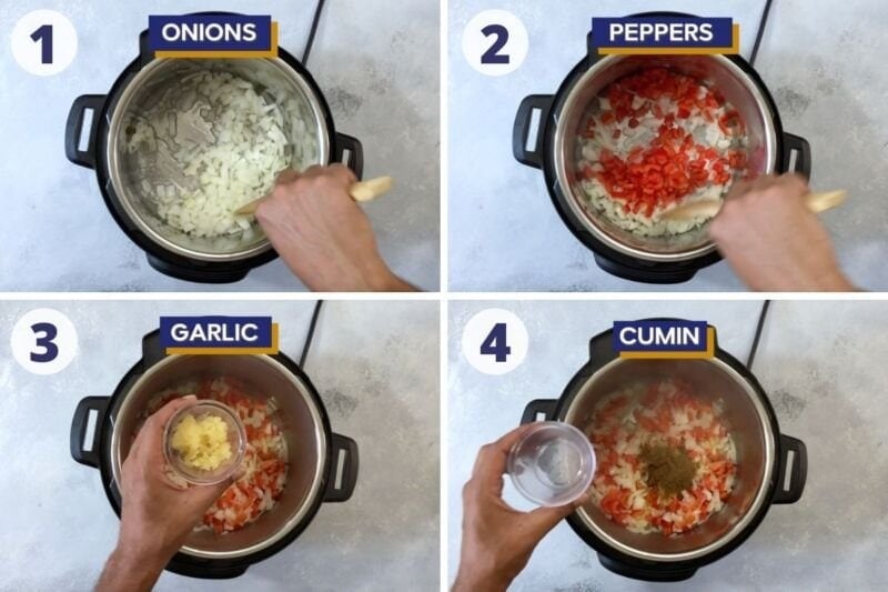 cuatro imágenes agregando cebolla, pimientos, ajo y comino a la olla de cocción lenta