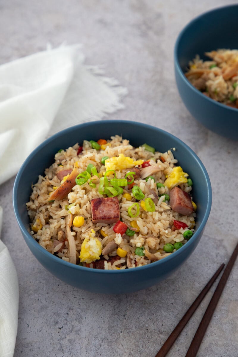Dominican Food Chofan (Fried Rice) served in a blue bowl