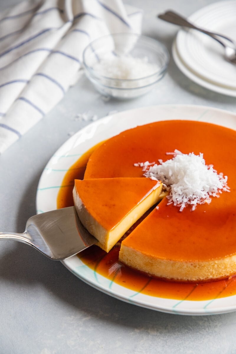 Dominican Food Flan on a white platter