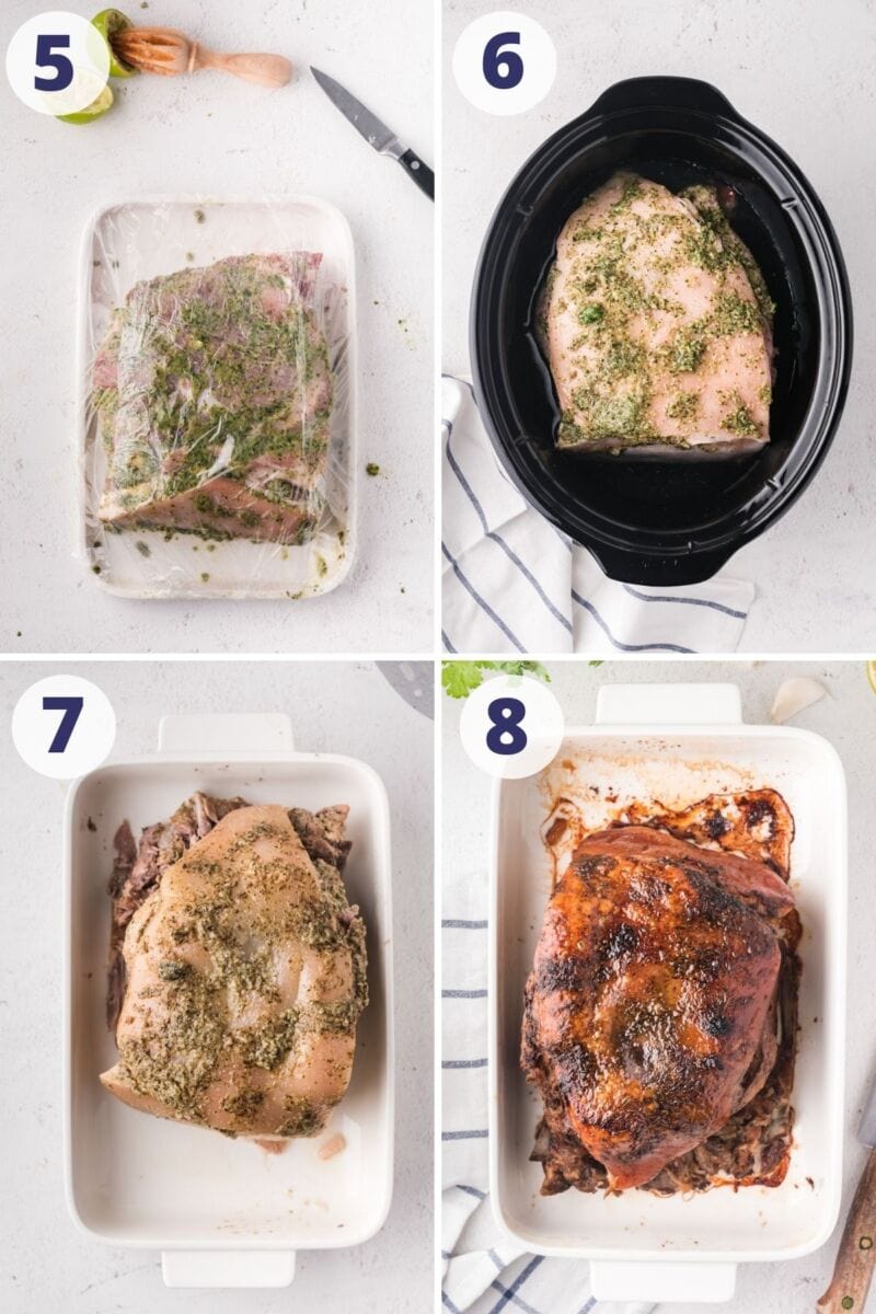 Four images of process cooking the post in the slow cooker and then roasting it.
