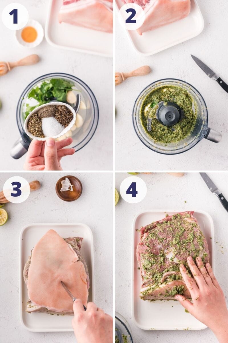 four images of process preparing the seasoning and marinating the pork