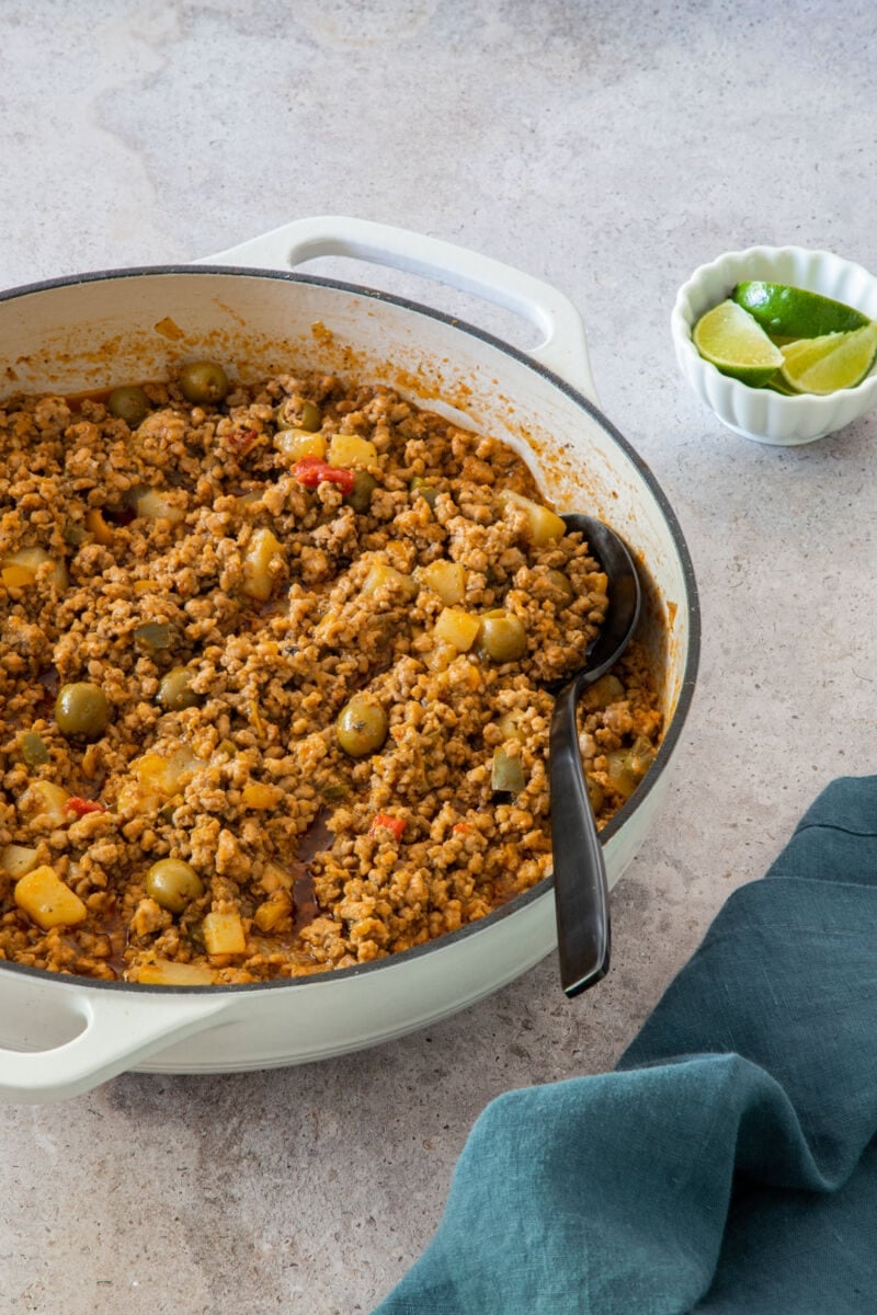 Pork picadillo in a skillet ready to serve