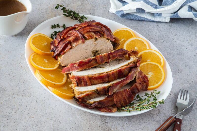 bacon wrapped turkey breast sliced