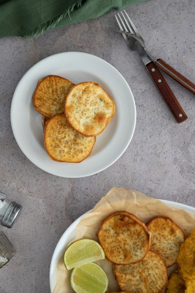 Crispy Dominican batata fries, golden and lightly salted—served with lime for the perfect sweet-savory bite.