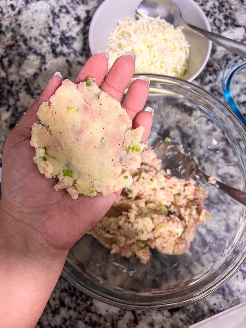 Close-up of mashed potato and tuna mixture with herbs in a bowl.